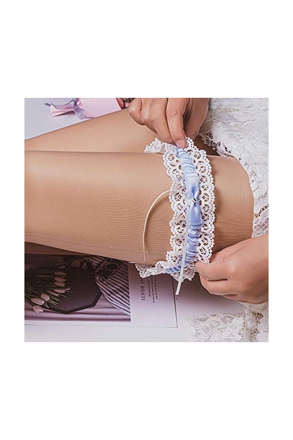 yanstar Ensemble de jarretelles de mariage avec bordure en dentelle et strass - bleu - Taille Unique