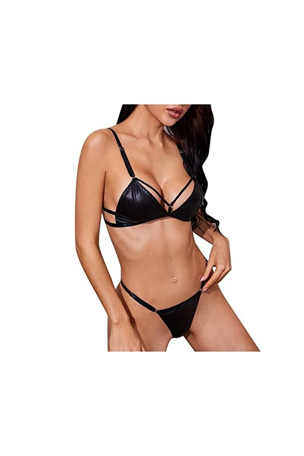 GilRu Ensemble de Lingerie découpé en Cuir PU 2 pièces pour Femmes avec String en V Coudre De La Lingerie Black, L 