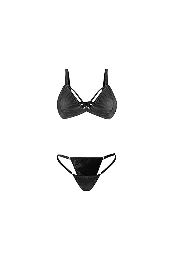 GilRu Ensemble de Lingerie découpé en Cuir PU 2 pièces pour Femmes avec String en V Coudre De La Lingerie Black, L 