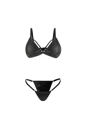 GilRu Ensemble de Lingerie découpé en Cuir PU 2 pièces pour Femmes avec String en V Coudre De La Lingerie Black, L 