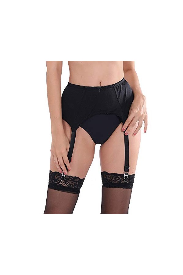 Stygift Ceinture de jarretière style rétro lisse doux au toucher 4 sangles Noir - Noir - Taille M