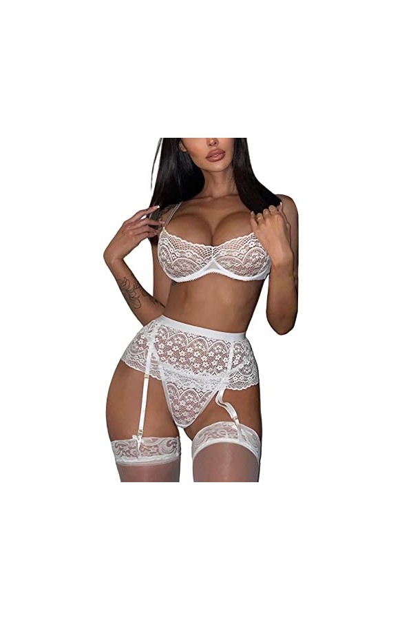 Lingerie Ensembles Sexy Femme Coquine Creux Seduction Ouverte Simili Soutien-Gorge et Strings Seduction Adulte Clubwear éroti