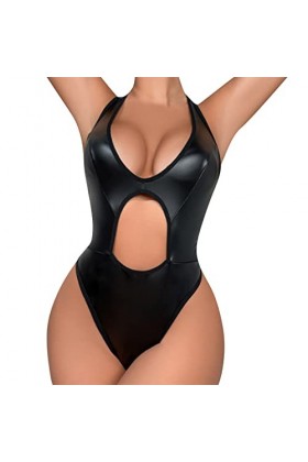 Lingerie pour Femmes 1 PC Cuir Teddy Body Lingerie Sexy découpe épaules dénudées Joint PU à Lacets jarretière Teddy Body Body