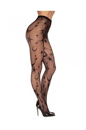 Dreamgirl Collants célestes en filet pour femme avec motif lune et étoiles, noir, taille unique US, noir, taille unique