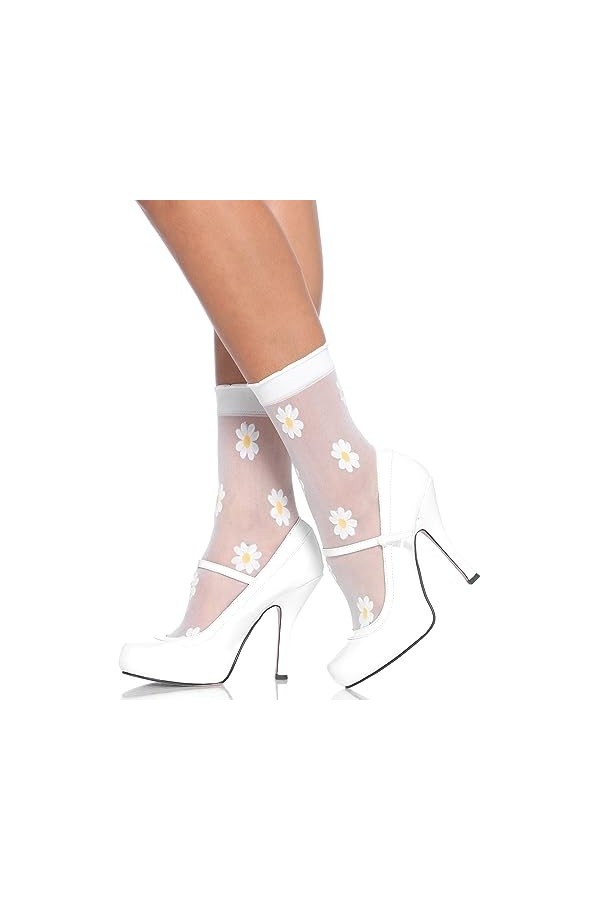 Leg Avenue Chaussettes Transparentes avec Marguerites Blanc/Jaune Taille Unique