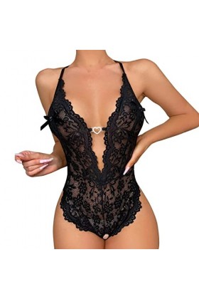 BIISDOST Dentelle pour Dames Voir à Travers lentrejambe Pyjama Sexy Lingerie Sexy Lingerie Sexy en Dentelle Black, XXL 