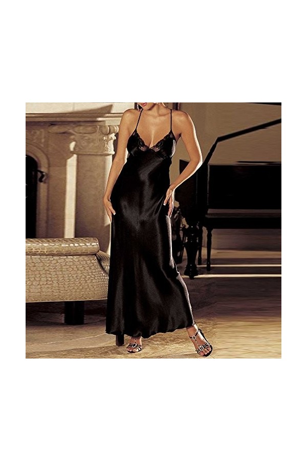 Générique Sleepjupe Dentelle Lingerie Sexy Femmes sous-vêtements Longue Dentelle Robe Satin Ensemble Nuisette Black, S 