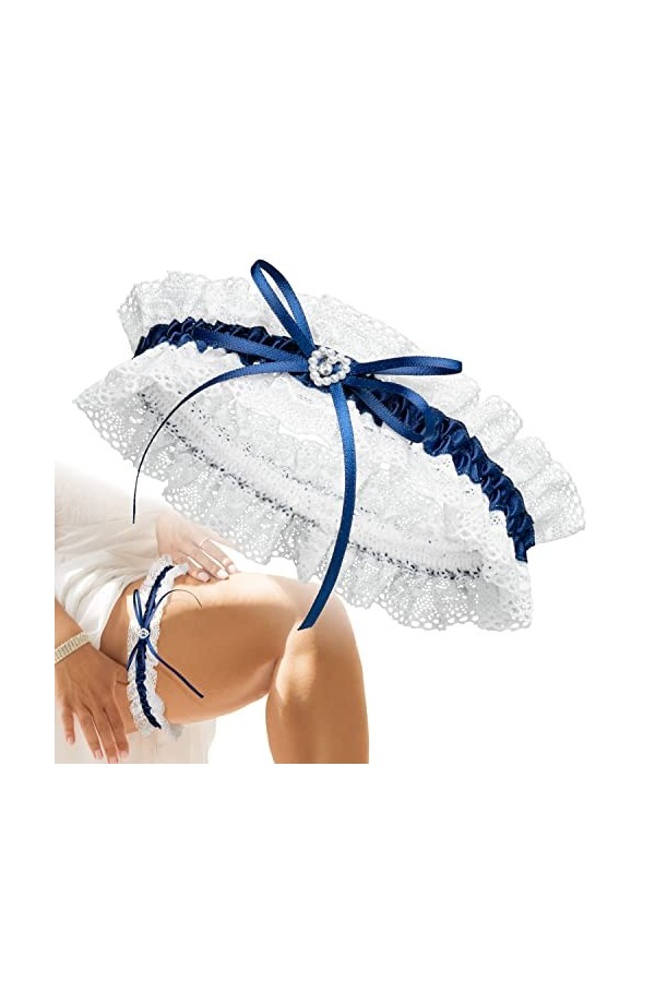 JK Trade® L-XXXL Jarretière de qualité supérieure en bleu pour le mariage, ruban décoré de dentelle, nœud et un cœur précieux