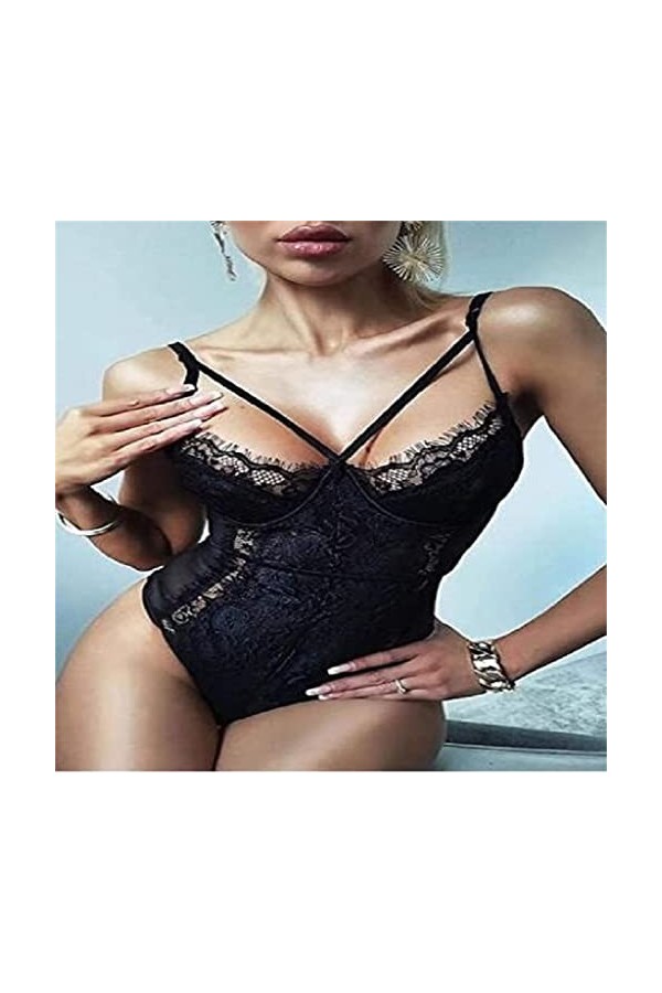 Combinaison sexy en dentelle pour femme, Noir , S