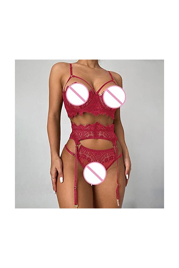 Lingerie Sexy pour Femme Jeux de sous-vêtements Polyester Wired Bedroom Lady Lingerie Transparente Grande Taille Wine, XXXL 