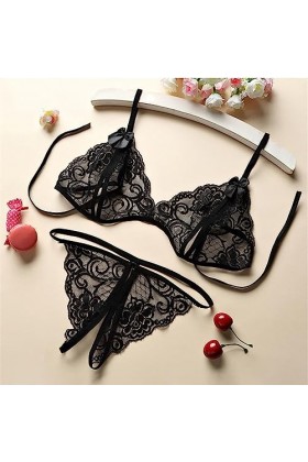 Entrejambe Ouvert sans décoller Trois Points Deux pièces Ensemble de sous-vêtements et sous-vêtements en Dentelle Amusants po
