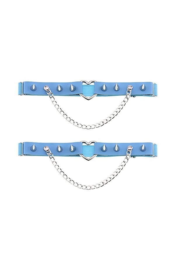 Jarretières en cuir en forme de cœur pour femme et fille - Chaîne cloutée élastique - Jarretières réglables, bleu, taille uni