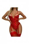 WinvOx Lingerie sexy en dentelle à lacets sur le devant pour femme - Jarretière - Talons hauts - Rouge, Rouge, L