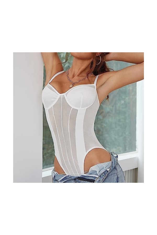 sous-vêtements unibody col V pour Femmes Body Halter Lingerie Pyjama Dentelle poupée sans Dos Mini Teddy Lingerie Blanc,XS 