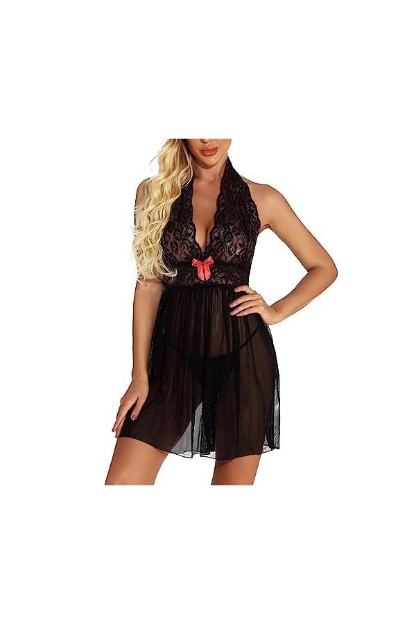 ZDJSWJ Pyjama de poupée en Dentelle pour Femmes Plus Taille Robe Pyjama V-Neck Full Sling Pyjama Noir,S 