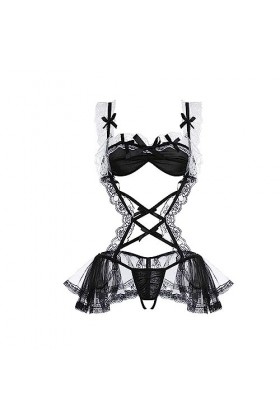 ZDJSWJ Femmes Girly Lingerie Ensemble Robe Lacets Fantaisie Lingerie Ensemble Mini Jupe poupée Pyjama Uniforme Noir,Taille U