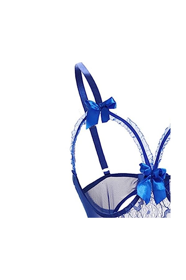 ZDJSWJ Femmes Tout - en - Un Dentelle poupée V - Neck Lingerie Perspective Corset Dentelle Pyjama Mini Teddy Pyjama Bleu,XL 