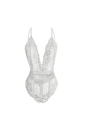 Jiabing Femmes Lace Lingerie Sexy Sleepwear Romper Jumpsuit Sleepwear Dentelle sous-vêtements Lingerie Nuisette White, XL 