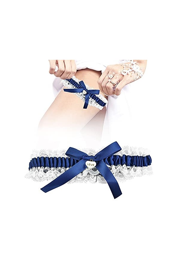 BUENTYA Jarretière de Mariée Élastique Jarretière de Mariage Bleu Jarretelle de Mariage avec Décoration darc en Ruban pour M
