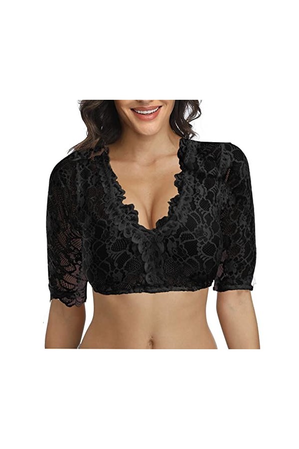 TDEOK Lingerie en dentelle pour femme - Élégant Dirndl - Noir - Pour fête de la bière - Lingerie sexy avec porte-jarretelles,