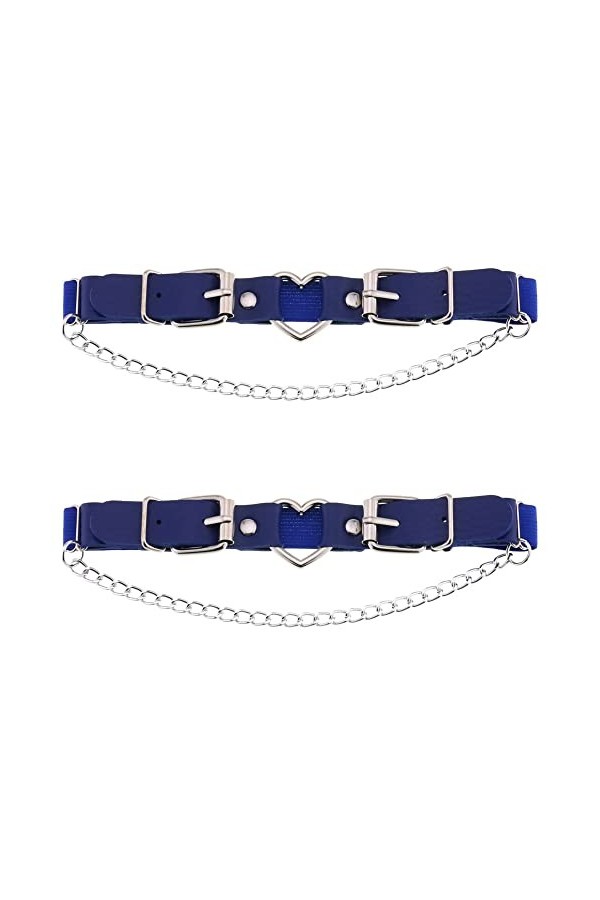 Lot de 2 porte-jarretelles réglables en cuir avec cœur gothique avec chaînes, jambe, cuisse, jarretelles élastiques, bleu roy