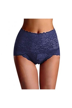 Culottes respirantes pour femme - Taille haute - Respirantes - En dentelle - Coton, bleu foncé, XXL
