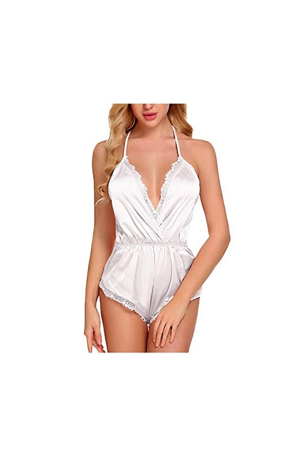 BIISDOST Sexy femmes dentelle Satin Body Sexy Teddy Lingerie dos combinaison sous-vêtements Tenue Sexy Hot White, M 