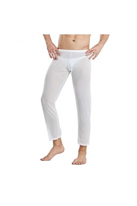 Pantalon en maille pour homme - Legging sexy en résille - Pantalon long - Sous-vêtements - Legging long - Transparent, Blanc.
