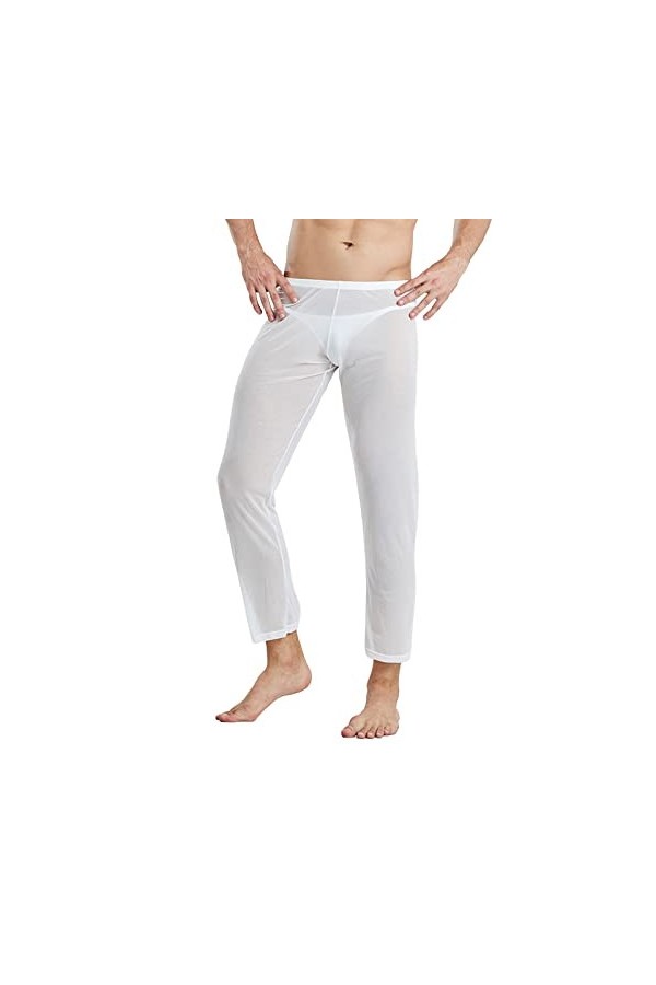 Pantalon en maille pour homme - Legging sexy en résille - Pantalon long - Sous-vêtements - Legging long - Transparent, Blanc.
