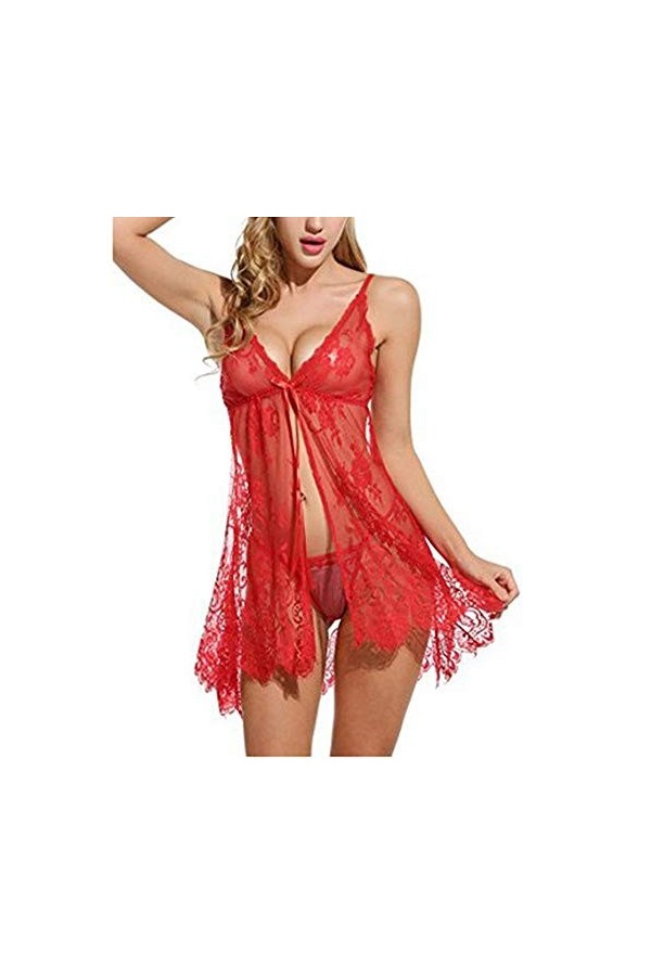BIISDOST Cou Chemise Flower Women V Sleepwear Dentelle sous-vêtements Sangle de Lingerie Sexy Hot Red, XXL 
