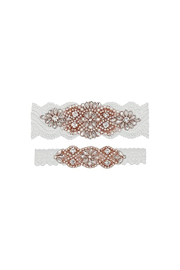 Yanstar Jarretière de mariée en dentelle extensible blanc cassé avec strass argentés et perles en cristal transparent pour ma