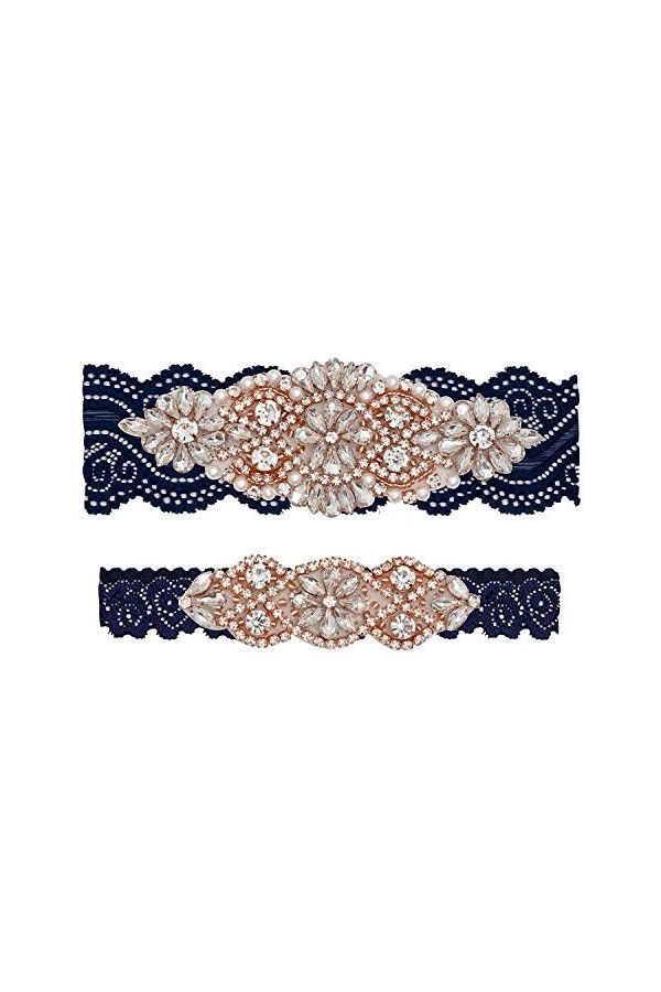 Yanstar Jarretière de mariée en dentelle extensible blanc cassé avec strass argentés et perles en cristal transparent pour ma