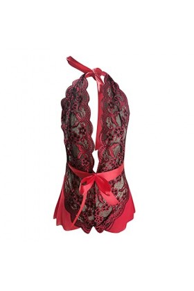 Hasagimol Lingerie Sexy Femme Coquine One-Piece Deep V Dos Nu Réglable Teddy Sous-VêTement Ouvert Entrejambe Dentelle Babydol