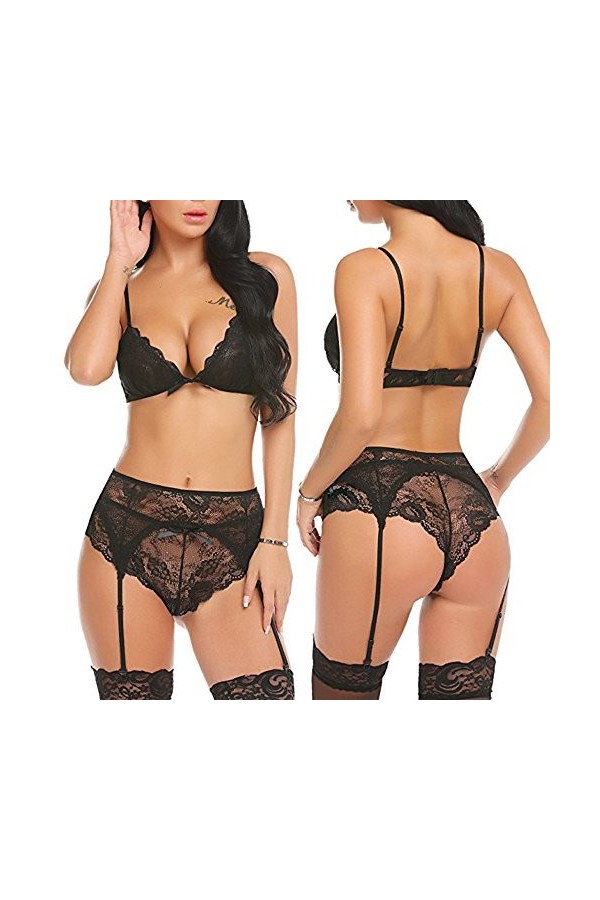 liaddkv Sous-vêtement sexy en dentelle noire pour femme avec bretelles Plus Mode Sexy Costumes Lingerie Noir, S 