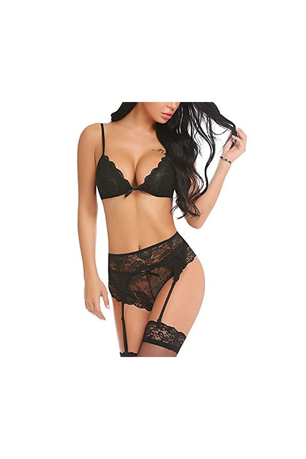 liaddkv Sous-vêtement sexy en dentelle noire pour femme avec bretelles Plus Mode Sexy Costumes Lingerie Noir, L 
