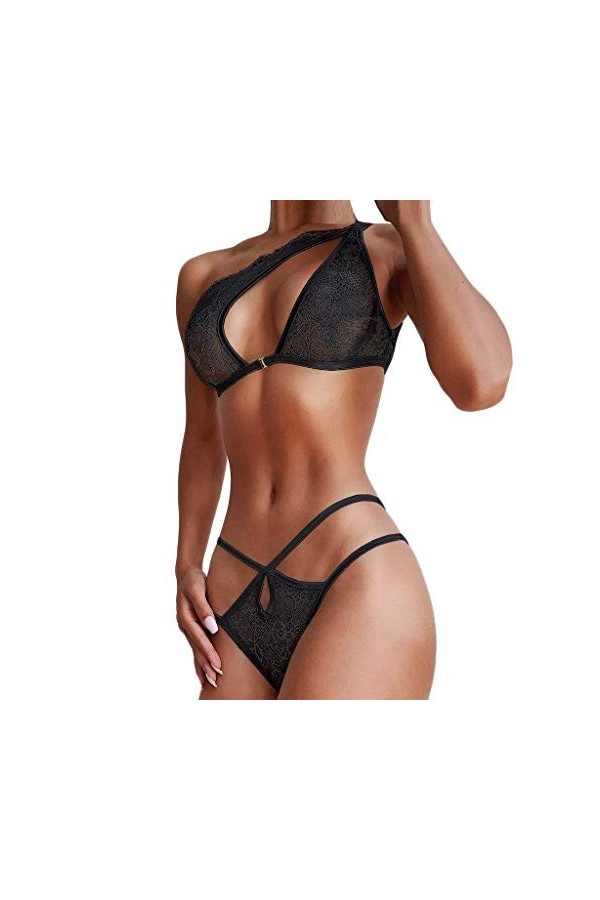 liaddkv Culotte pour femme avec bretelles et soutien-gorge creux en dentelle sexy, Noir , L