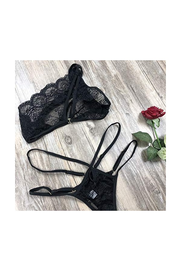 liaddkv Culotte pour femme avec bretelles et soutien-gorge creux en dentelle sexy, Noir , L