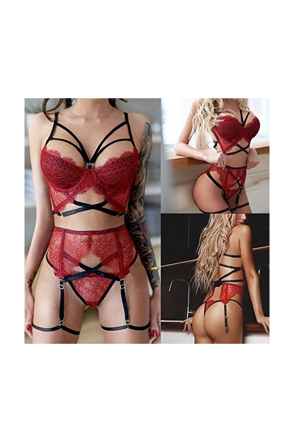 Ensemble Lingerie Sexy Femme Coquine Hot 3 Pieces Dentelle Jarretière Ensemble de Soutien-Gorge et de Culottes Sexy à Bretell