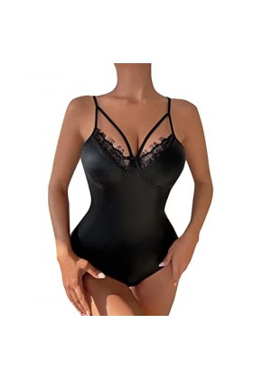 Mesdames Noir Maille Cuir épissage Sexy Creux Cuir Body érotique Lingerie Lingerie Tulle Transparent Black, L 