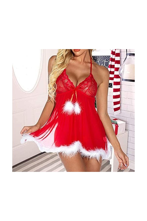 Ghemdilmn Robe de Noël Femmes Dentelle Épissure Sexy Résille Lingerie Drôle Sous-vêtements Rouge Vêtements De Coucher Nylon L