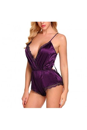 BIISDOST Sexy femmes dentelle Satin Body Sexy Teddy Lingerie dos combinaison sous-vêtements Tenue Sexy Hot Purple, L 