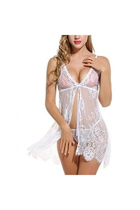 BIISDOST Vêtements de Nuit Bow Sexy Lingerie Dentelle sous-vêtements de Nuit Femmes Combinaison Pyjama Sexy White, S 