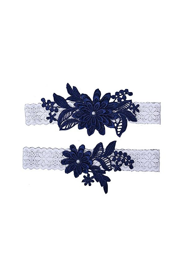 Lot de 2 jarretières de mariage en dentelle et perles synthétiques cousues à la main, bleu marine, Taille unique