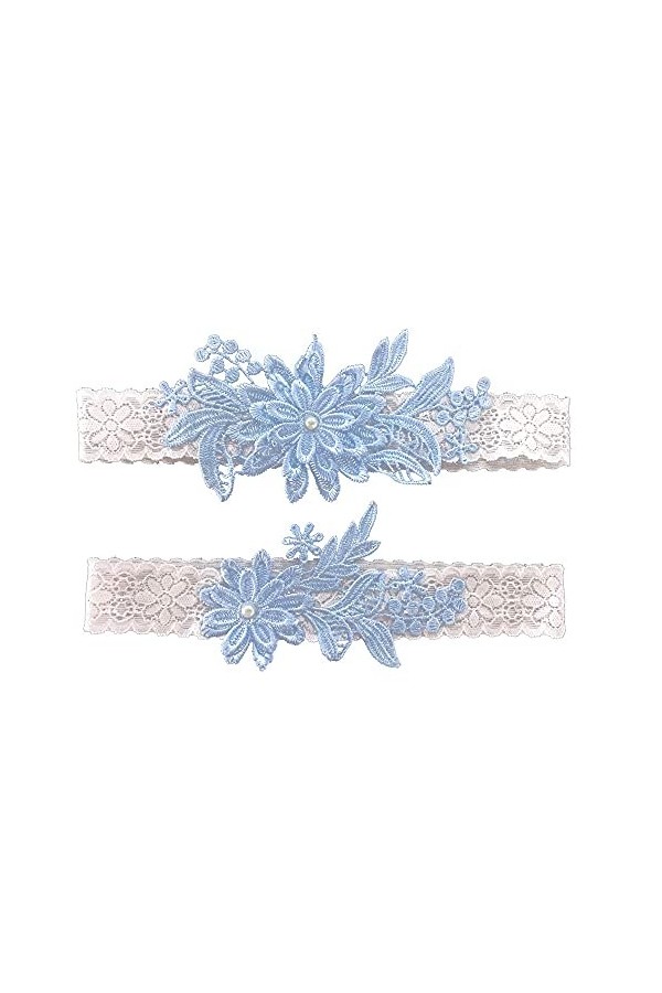 Lot de 2 jarretières de mariage en dentelle et perles synthétiques cousues à la main, bleu marine, Taille unique