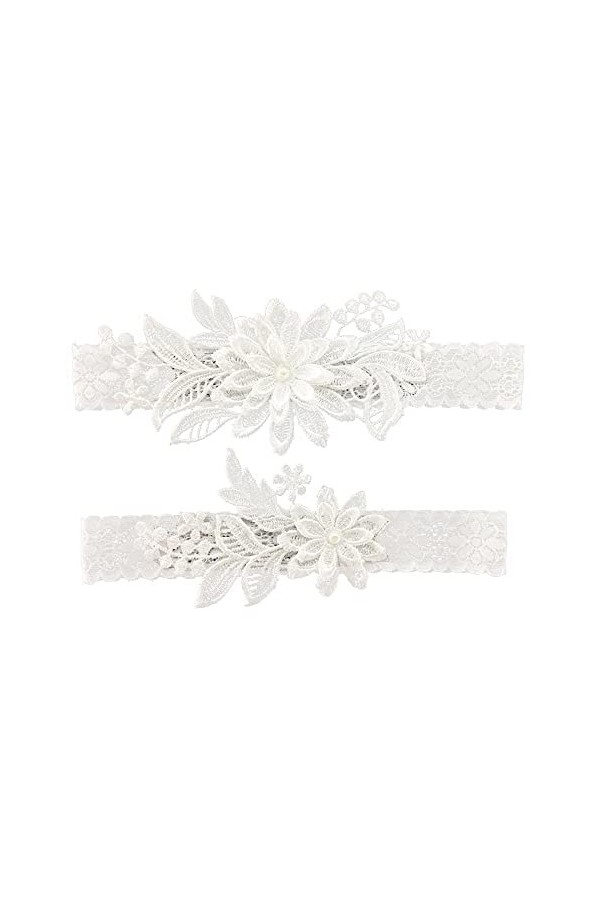 Lot de 2 jarretières de mariage en dentelle et perles synthétiques cousues à la main, bleu marine, Taille unique