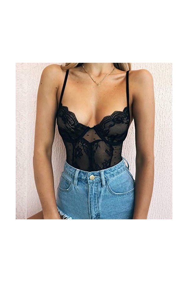 Viunychn Shapewear Body gainant en dentelle avec dos nu et décolleté profond pour femme, Noir , XL