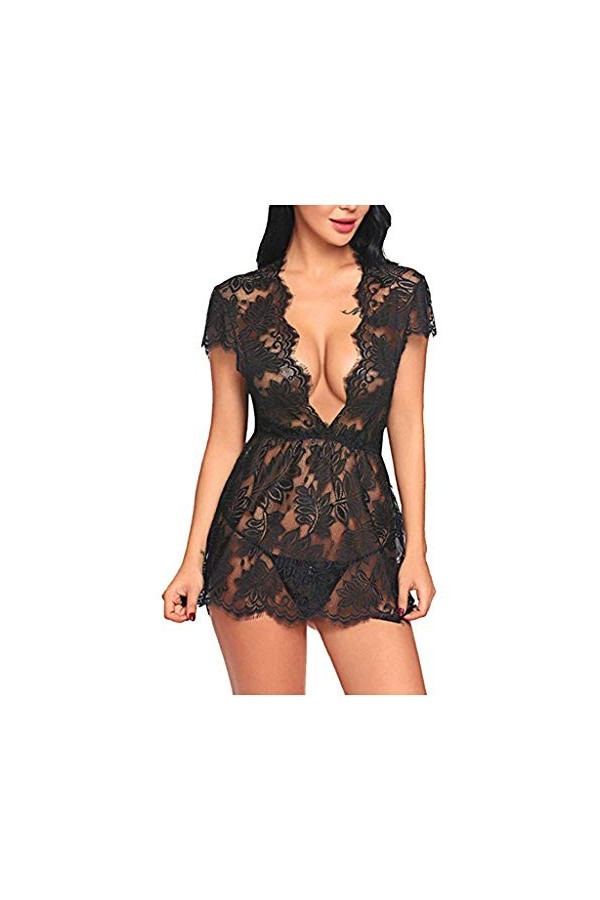 TDEOK Ensemble porte-jarretelles sexy sexy pyjama noir corset femme, Noir , S