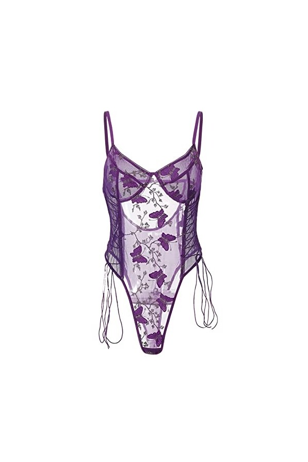 Lingerie sexy sexy en dentelle pour femme avec broderie florale et papillon, lilas, XXL