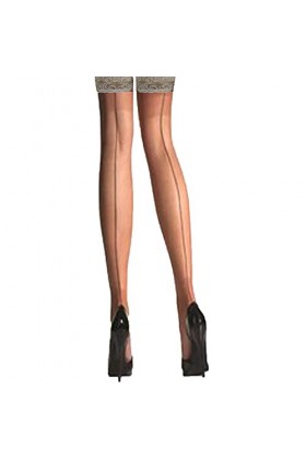 Yummy Bee - Bas de contention soyeux Nude – Bas transparents – Haut en dentelle silicone – Bas cousus