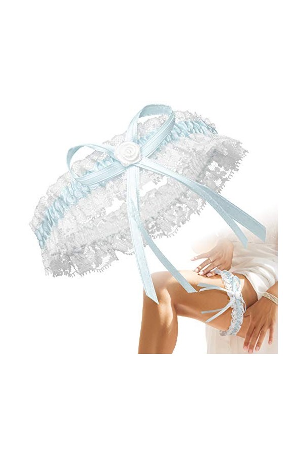 JK Trade® Jarretière de qualité supérieure en bleu pour le mariage en taille unique, ruban décoré de dentelle, dun nœud et d